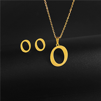 Golden Stainless Steel Initial Letter Jewelry Set, Stud Earrings & Pendant Necklaces, Letter O, No Size
