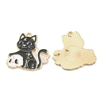Alloy Enamel Pendants, Golden, Cat with Skull Charm, Black, 26x26.5x1mm, Hole: 1.8mm