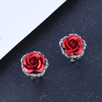 Alloy Rhinestone Stud Earrings, Flower, Platinum, FireBrick, 18x18mm
