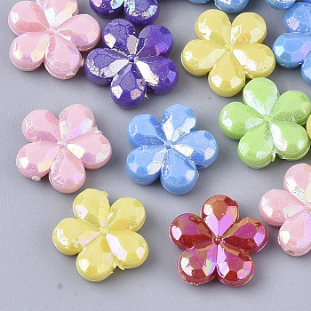 Opaque Acrylic Beads, AB Color Plated, Faceted, Flower, Mixed Color, 14x14.5x4mm, Hole: 1.2mm