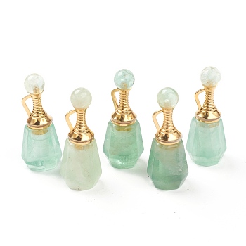 Faceted Natural Fluorite Pendants, Openable Perfume Bottle, with Golden Tone Brass Findings, 41~43x16~17x15~16mm, Hole: 10mm, capacity: 1ml(0.03 fl. oz)