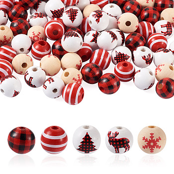 Beadthoven 100Pcs 5 Style Christmas Themed Dyed Natural Wooden Beads, Round with Mixed Print Pattern, Mixed Color, 16.5x15mm, hole: 4mm