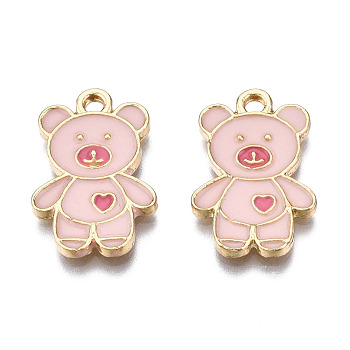 Alloy Pendants, with Enamel, Cadmium Free & Lead Free, Light Gold, Bear with Heart, Pink, 19.5x13x1.5mm, Hole: 2mm