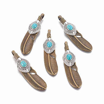 Tibetan Style Alloy Big Pendants, with Synthetic Turquoise, Feather, Antique Bronze, 65x15x8.5mm, Hole: 4x6mm