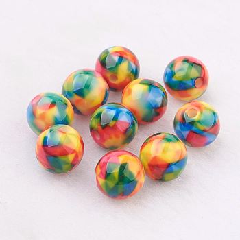 Spray Painted Resin Beads, with Pattern, Round, Colorful, 10mm, Hole: 2mm