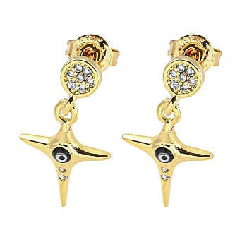 Star Real 18K Gold Plated Brass Dangle Stud Earrings, with Enamel and Cubic Zirconia, Black, 20x10.5mm