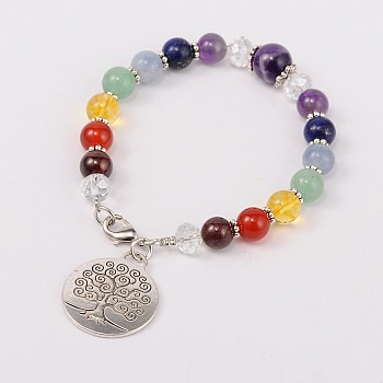 Multi-Color Gemstone Chakra Charm Bracelets, with Tibetan Style Tree of Life Pendant, Glass Beads, Tibetan Style Spacers and Brass Lobster Claw Clasps, Antique Silver, Amethyst, 195mm