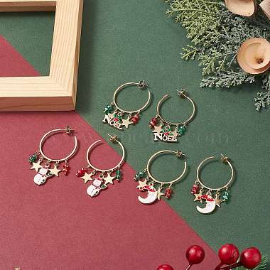 3 Pairs 3 Style Christmas Snowman & Moon & Word Noel Alloy Enamel Dangle Stud Earrings(EJEW-TA00221)-4