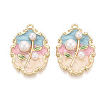 Rack Plating Alloy Enamel and ABS Imitation Pearl Pendants, Leaf & Flower Charms, Golden, Cadmium Free & Nickel Free & Lead Free, Colorful, 29.5x20.5x7mm, Hole: 1.6mm(ENAM-T091-60A)