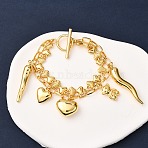 304 Stainless Steel Bowknot Link Chain Multi-strand Bracelets, Heart & Bear & Hot Pepper Charm Bracelets for Women, Golden, 7-3/4 inch(19.7cm)(BJEW-G758-01G)