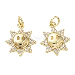 Brass Micro Pave Clear Cubic Zirconia Pendants, Sun with Smiling Face Charms, Real 18K Gold Plated, 16x14x3mm, Hole: 3.5mm(KK-T085-05G)