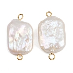 Natural Freshwater Pearl Keshi Pearl Rectangle Connector Charms, with 304 Stainless Steel Double Loops, White, Ion Plating(IP), Real 18K Gold Plated, 24~27.5x13~15x4~7mm, Hole: 1~2.5mm(STAS-D378-17G)