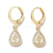 Real 18K Gold Plated Brass Dangle Leverback Earrings, with Enamel and Cubic Zirconia, Teardrop, Teardrop, 27x8.5mm(EJEW-L269-003G-03)