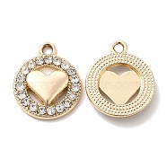 UV Plating Alloy Pendants, with Crystal Rhinestone, Flat Round with Heart Charms, Golden, 18.5x15.5x3mm, Hole: 1.6mm(ALRI-M020-28G)