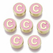 Alloy Enamel Beads, Cadmium Free & Nickel Free & Lead Free, Flat Round with Initial Letters, Light Gold, Letter.C, 8x4mm, Hole: 1.5mm(X-ENAM-S122-028C-NR)