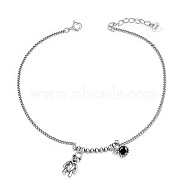 SHEGRACE 925 Sterling Silver Link Anklets, with Enamel, Curb Chains and Spring Clasps, Bear, Antique Silver, 8-1/4 inch(21cm)(JA178A)