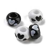 Printed Acrylic Beads, Rondelle, Black & White, Heart, 13.5x8.5mm, Hole: 5.5~5.6mm(OACR-E031-04B)