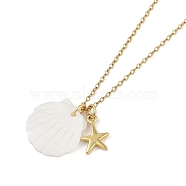 Summer Beach Shell Shape & Starfish Pendant Necklaces, Brass Jewelry for Women, Real 18K Gold Plated, 15.94 inch(40.5cm), pendant: 14x9.5x2mm(NJEW-B118-03G-07)