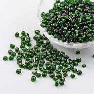 6/0 Round Silver Lined Round Hole Glass Seed Beads, Green, 4mm, Hole: 1.5mm, about 496pcs/50g(X-SEED-A005-4mm-27B)