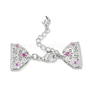 Brass Micro Pave Cubic Zirconia Chain Extender with Glass, Real Platinum Plated Necklace Layering Clasps, with Lobster Claw Clasps, Triangle, Fuchsia, 41mm, Chain Extender: 43mm, End: 14x17x4mm, Hole: 6.5x2mm and 1x3mm(KK-G474-10P-02)