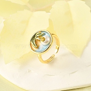 Brass Enamel Cuff Rings, with Natural Freshwater Pearl, Real 18K Gold Plated, Round with Flower, Gold, Inner Diameter: 16mm(RJEW-K291-02G-01)