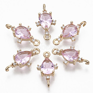 Glass Links connectors, with Brass Micro Pave Cubic Zirconia, Faceted, Teardrop, Light Gold, Pink, 18x9.5x4.5mm, Hole: 1.2mm(GLAA-T021-05B-06)