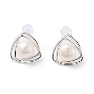 Natural Pearl Triangle Stud Earrings, Brass Earrings with 925 Sterling Silver Pins, Silver, 12x12.5mm(EJEW-P256-57S)