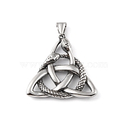 304 Stainless Steel Pendants, with 201 Stainless Steel Snap on Bails, Trinity Knot with Snake Charm, Antique Silver, 43.5x43x5mm, Hole: 9x4mm(STAS-K255-10AS)
