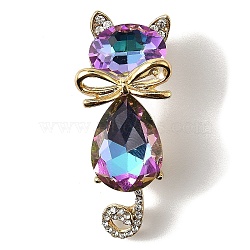 Cute Cat Shaped Alloy Crystal Rhinestone Brooches, Glass Kitten Brooches for Backpack Clothes, Golden, Colorful, 42x7mm(JEWB-S028-07)