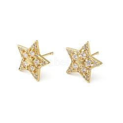 Clear Cubic Zirconia Star Stud Earrings, Rack Plating Brass Jewelry for Women, Lead Free & Cadmium Free, Real 18K Gold Plated, 14x15mm, Pin: 0.8mm(KK-O142-02G)