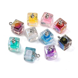 AB Color Resin Cube Pendants, Ball inner Charms with Platinum Plated Alloy Loops, Mixed Color, 18x12x12mm, Hole: 2mm(RESI-U002-04)