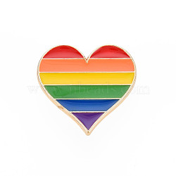 Alloy Pride Brooches, Enamel Pin, with Brass Butterfly Clutches, Rainbow Heart, Light Gold, Colorful, 23x25x2mm, Pin: 1mm(JEWB-S011-059)