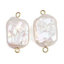 Natural Freshwater Pearl Keshi Pearl Rectangle Connector Charms, with 304 Stainless Steel Double Loops, White, Ion Plating(IP), Real 18K Gold Plated, 24~27.5x13~15x4~7mm, Hole: 1~2.5mm(STAS-D378-17G)