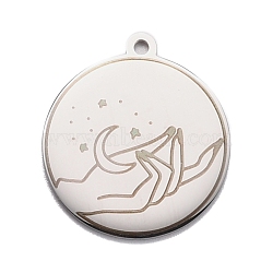 304 Stainless Steel Pendants, Flat Round with Moon & Hand, Stainless Steel Color, 28x25x1.4mm, Hole: 2mm(STAS-C032-03P)