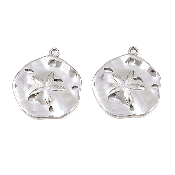 304 Stainless Steel Pendants, Round with Flower Charms, Cut-Out, Stainless Steel Color, 20x18x2mm, Hole: 1.2mm