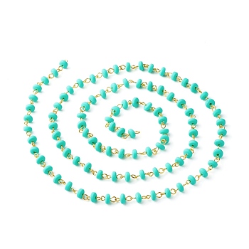 Handmade Polymer Clay Beaded Chain, Link Chain, with Golden Iron Eye Pin, for Bracelet Necklace Making, Medium Turquoise, 7x3.5mm, about 3.28Feet/strand(1m)/strand