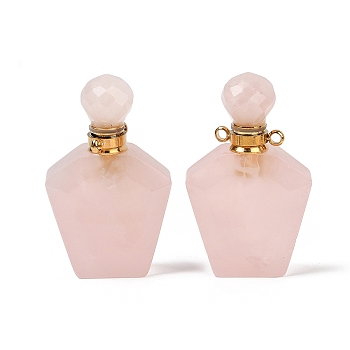 Natural Rose Quartz Openable Perfume Bottle Pendants, Faceted, with Golden Tone 304 Stainless Steel Findings, 37.5x22.5x11mm, Hole: 1.8mm