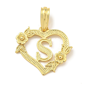 Heart Brass Pendants, Long-Lasting Plated, Cadmium Free & Lead Free, Real 18K Gold Plated, Letter S, 18x20x3mm, Hole: 3.5x7mm