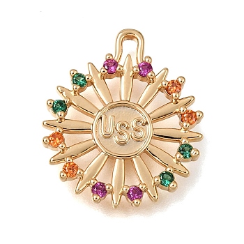 Brass Micro Pave Colorful Cubic Zirconia Pendants, Flat Round with Sunburst & Word USS Charms, Nickel Free, Real 18K Gold Plated, 19x16x2mm, Hole: 1.5x1mm