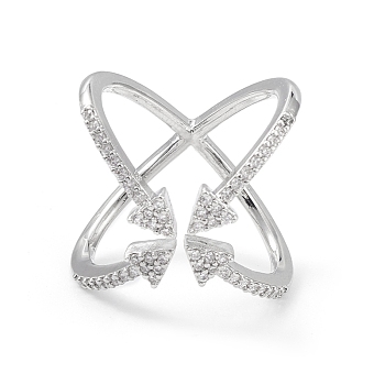 Cubic Zirconia Criss Cross with Arrow Open Cuff Ring, Brass Jewelry for Women, Lead Free & Cadmium Free, Platinum, Inner Diameter: 16~16.5mm