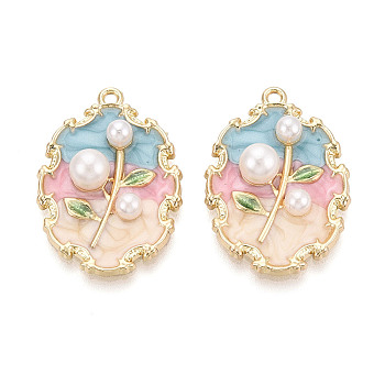 Rack Plating Alloy Enamel and ABS Imitation Pearl Pendants, Leaf & Flower Charms, Golden, Cadmium Free & Nickel Free & Lead Free, Colorful, 29.5x20.5x7mm, Hole: 1.6mm