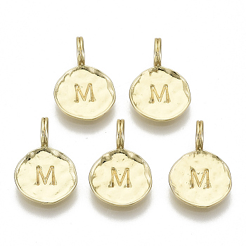 Alloy Pendants, Cadmium Free & Nickel Free & Lead Free, Flat Round with Letter, Real 18K Gold Plated, Letter.M, 17x11.5x1.5mm, Hole: 2.5mm