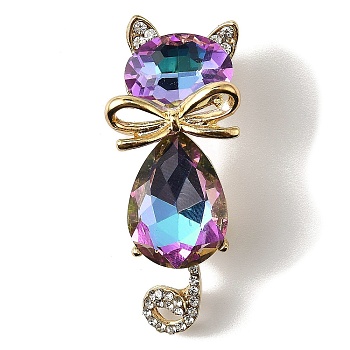 Cute Cat Shaped Alloy Crystal Rhinestone Brooches, Glass Kitten Brooches for Backpack Clothes, Golden, Colorful, 42x7mm