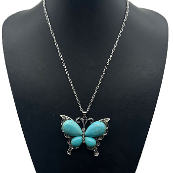 Fashionable Alloy Pendant Necklaces, with Synthetic Turquoise, Butterfly