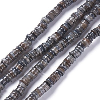 Natural Freshwater Shell Beads Strands, Dyed, Heishi Beads, Flat Round/Disc, Black, 8~8.5x1~3mm, Hole: 1mm, about 210pcs/strand, 15.39 inch(39.1cm)