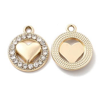 UV Plating Alloy Pendants, with Crystal Rhinestone, Flat Round with Heart Charms, Golden, 18.5x15.5x3mm, Hole: 1.6mm