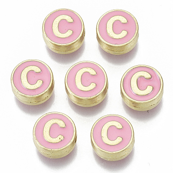 Alloy Enamel Beads, Cadmium Free & Nickel Free & Lead Free, Flat Round with Initial Letters, Light Gold, Letter.C, 8x4mm, Hole: 1.5mm