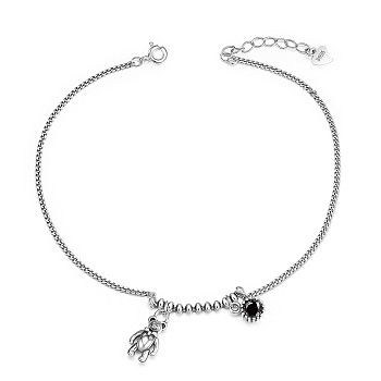 SHEGRACE 925 Sterling Silver Link Anklets, with Enamel, Curb Chains and Spring Clasps, Bear, Antique Silver, 8-1/4 inch(21cm)