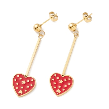 Red Heart with Star Enamel Long Dangle Earrings, Drop Earrings for Women, Golden, 40x13.7x1.3mm, Pin: 0.8mm
