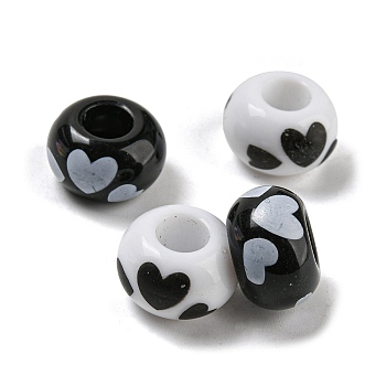 Printed Acrylic Beads, Rondelle, Black & White, Heart, 13.5x8.5mm, Hole: 5.5~5.6mm